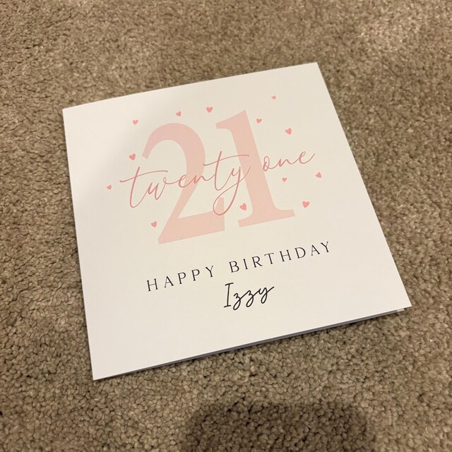 Pink 21st birthday card personalised for Izzy