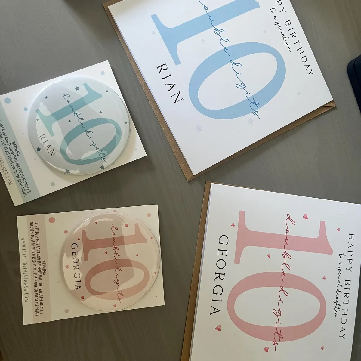 Double digits 10th birthday cards and badges personalised for Rian and Georgia