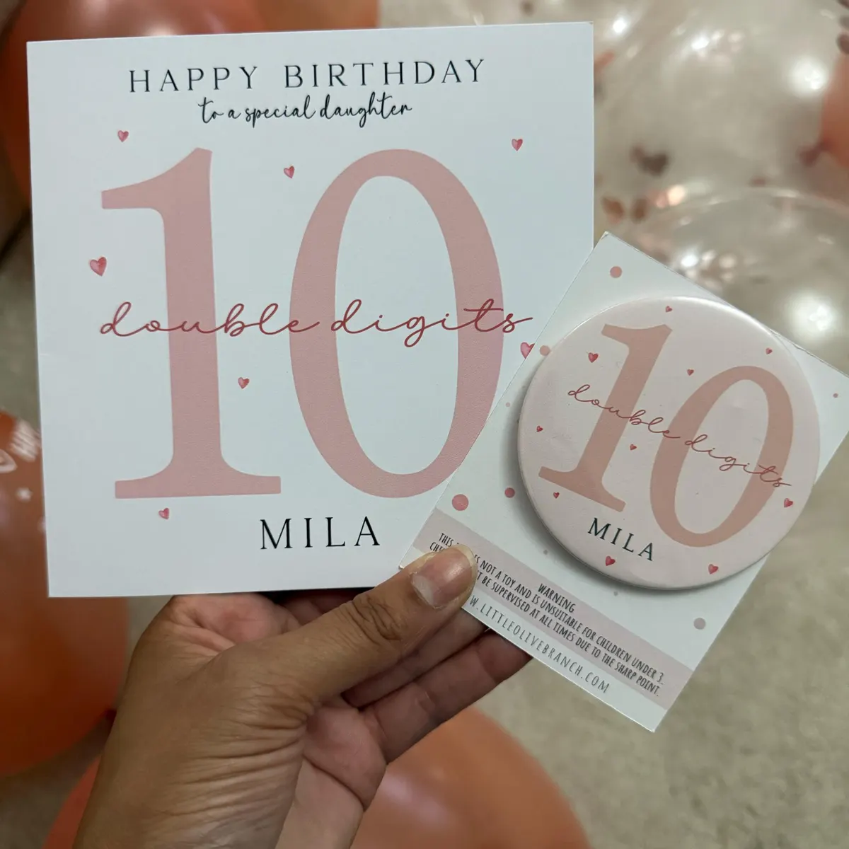 10 double digits birthday card and matching badge personalised for Mila
