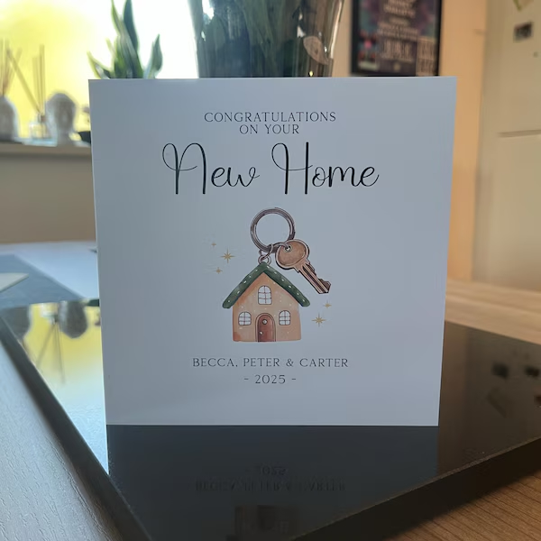 New home card personalised for Becca, Peter & Carter