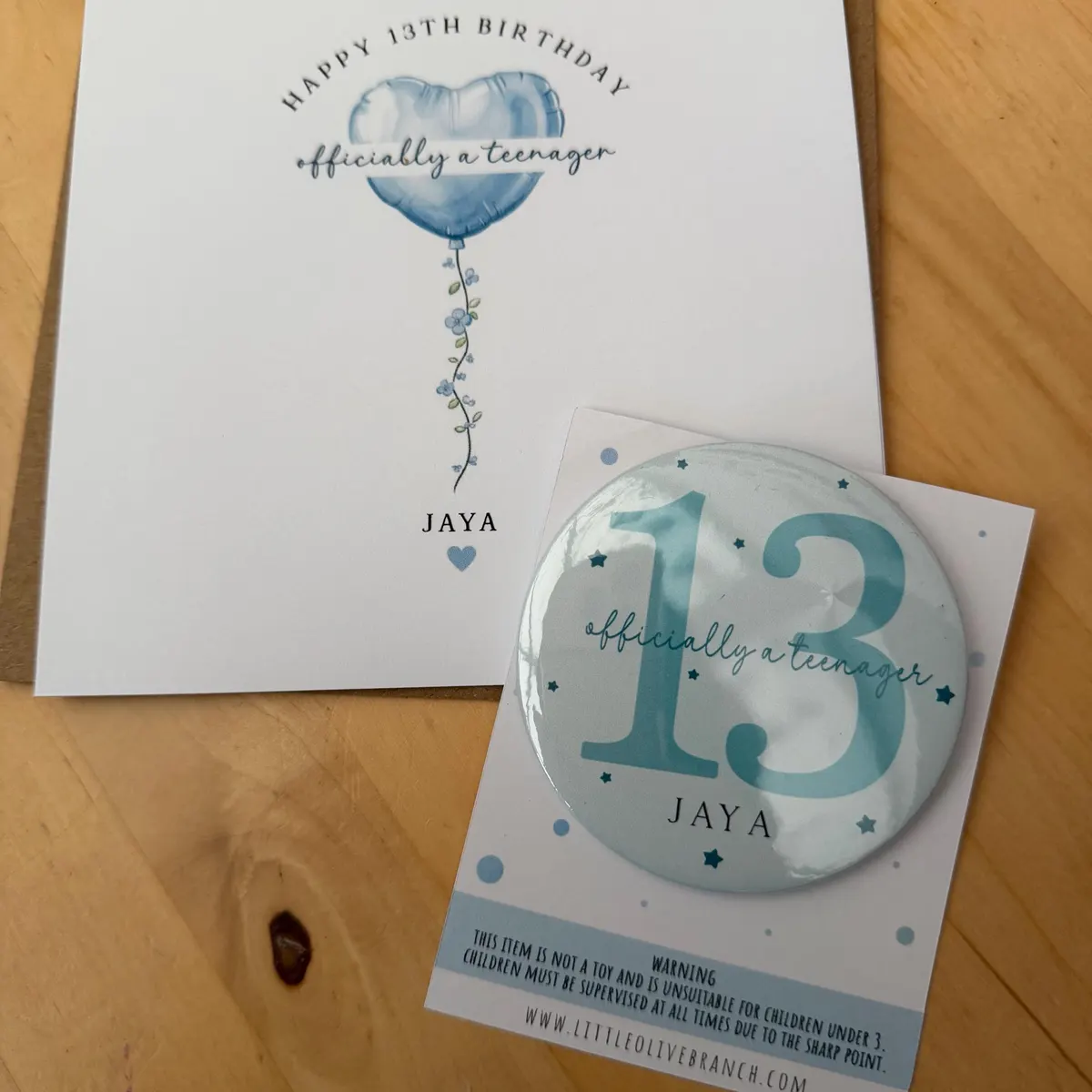 Happy 13th birthday card and matching badge personalised for Jaya