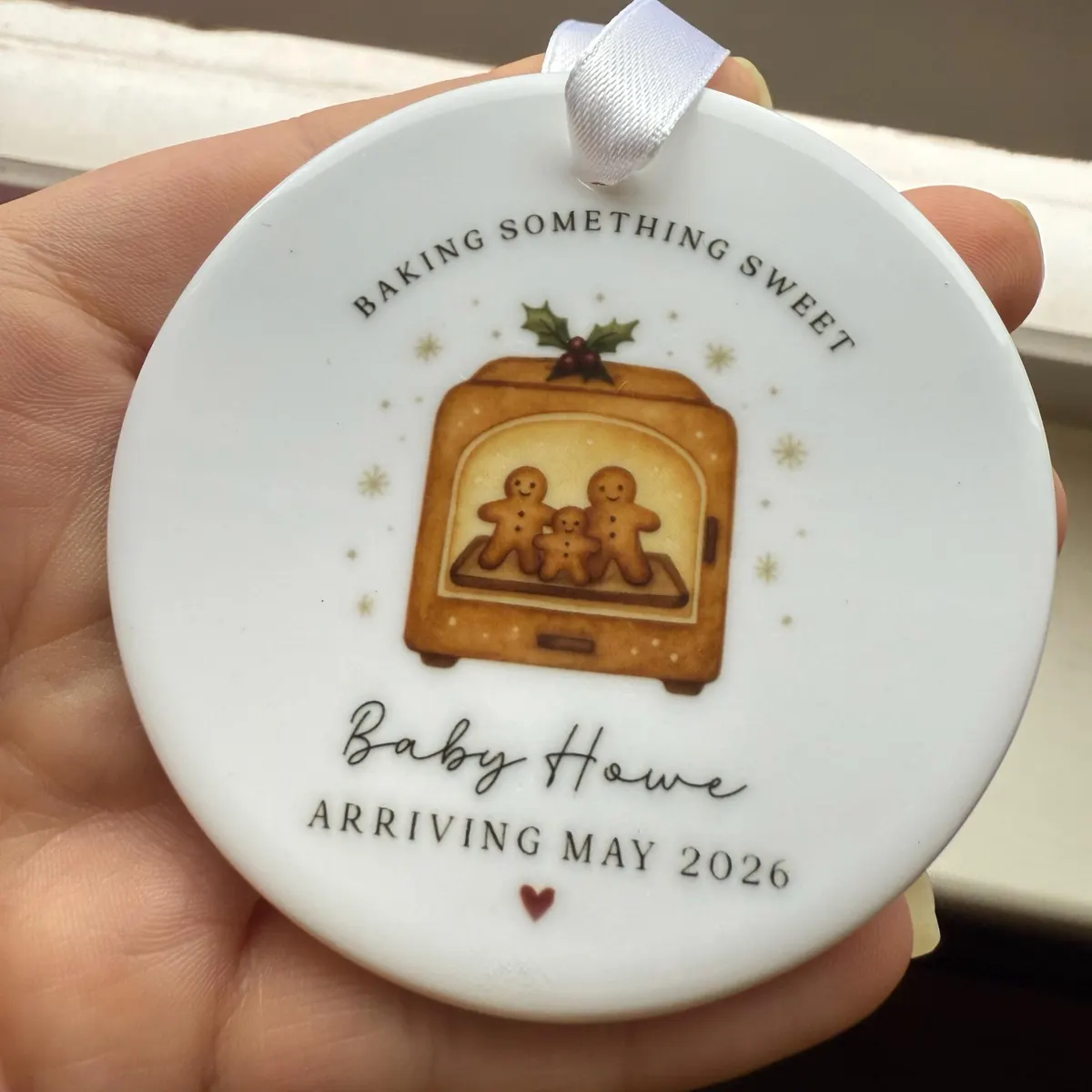 Gingerbread family Christmas bauble — Baby Howe arriving May 2026