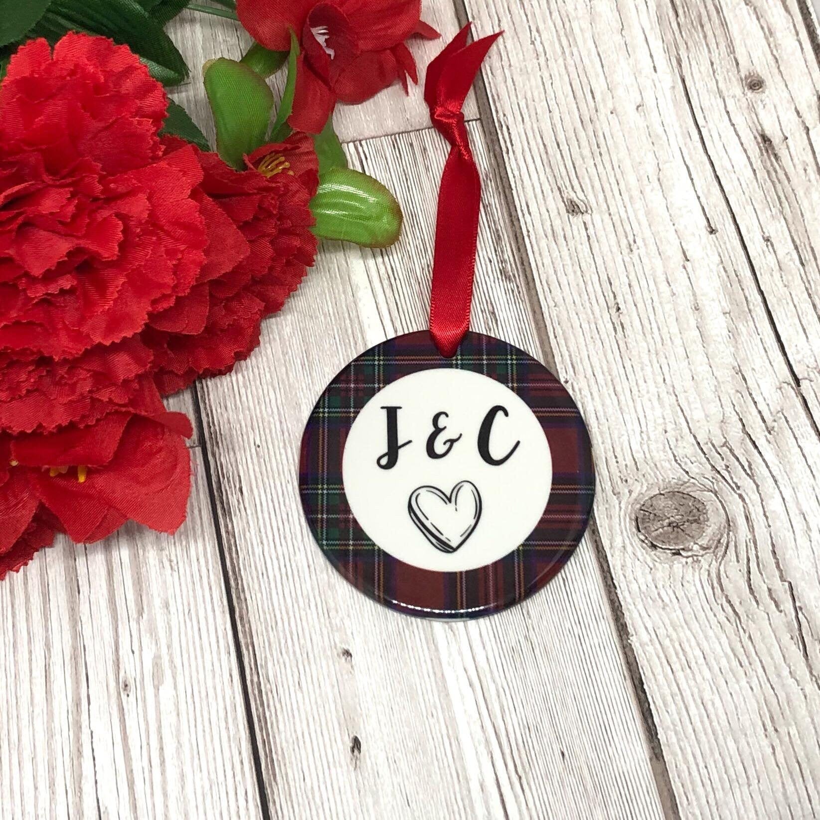 Personalised Tartan Initial Christmas Ceramic Decoration - Christmas Bauble - Couple Bauble