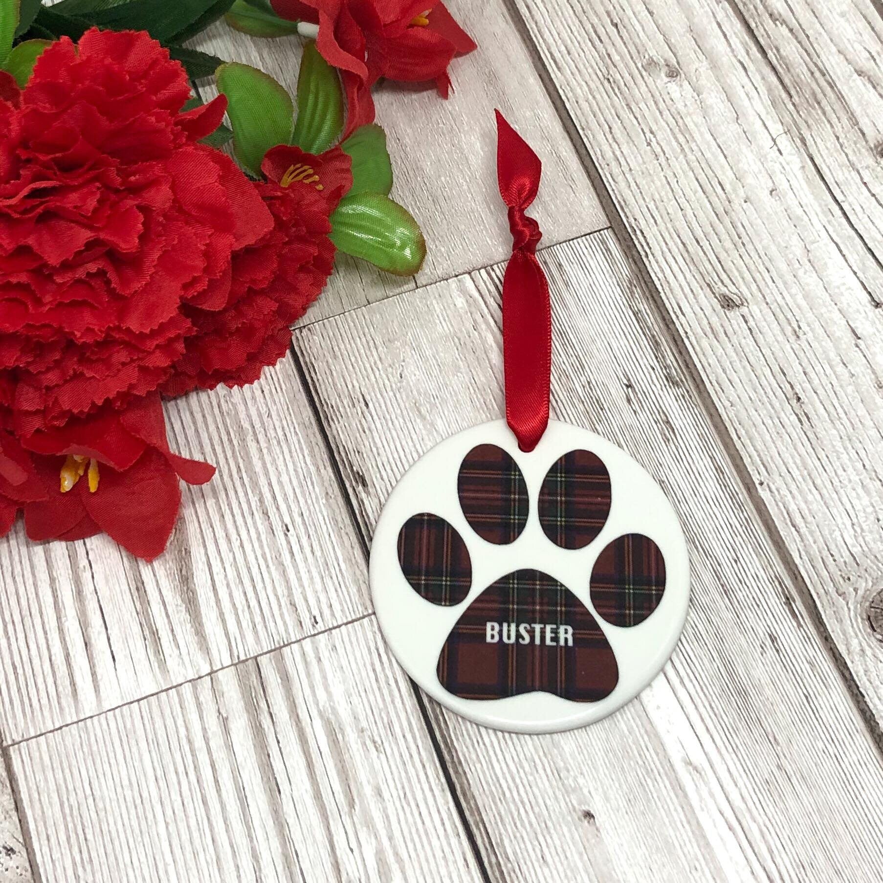 Personalised Pet Paw Tartan Christmas Decoration - Dog Decoration - Christmas Tree Decoration - Dog Bauble - Cat Bauble