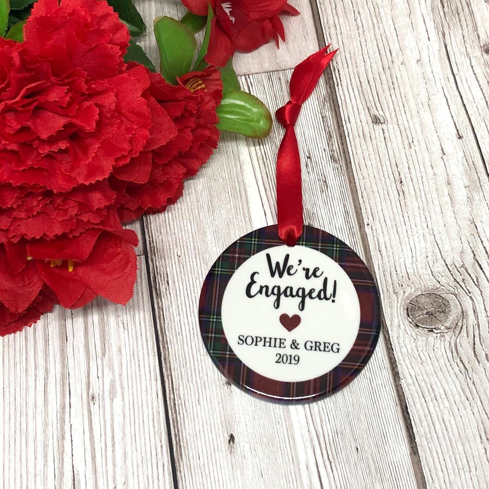 Personalised Tartan Engaged Christmas Ceramic Christmas Decoration - Christmas Bauble - Engagement Bauble