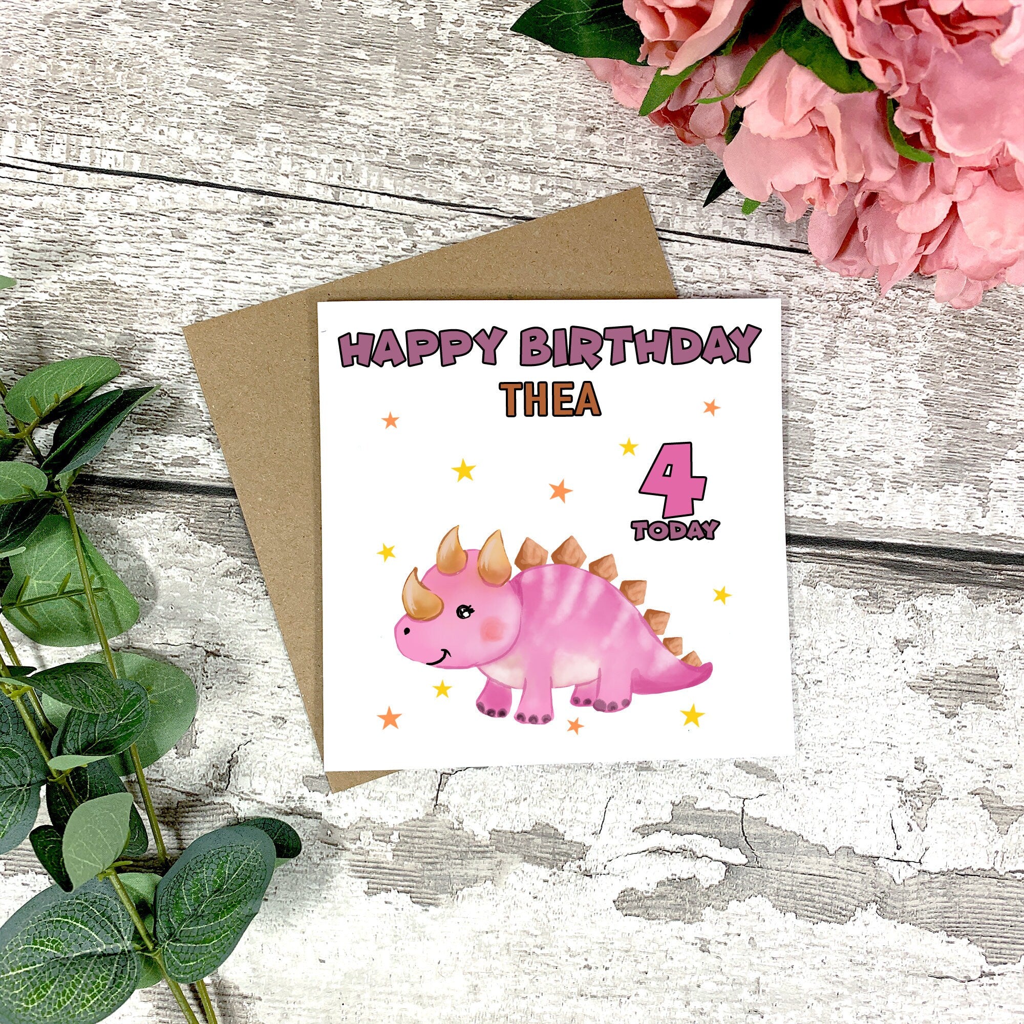 Personalised Pink Dinosaur Birthday Card - Happy Birthday - Birthday Card - Kids Birthday Card