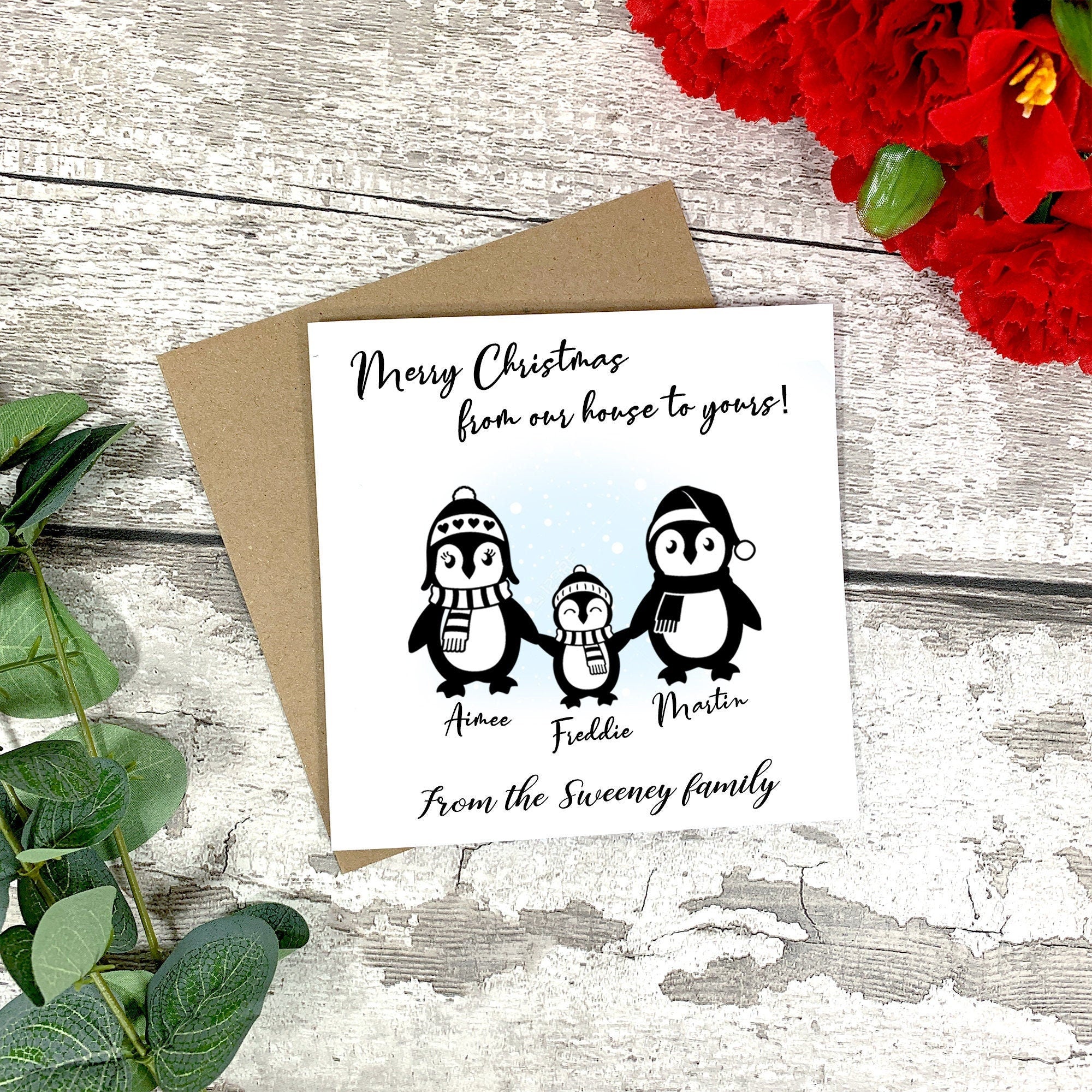 Personalised Christmas From Our House To Yours Card - Christmas Family Card - Christmas House Card - Christmas Card - Penguin Family Card