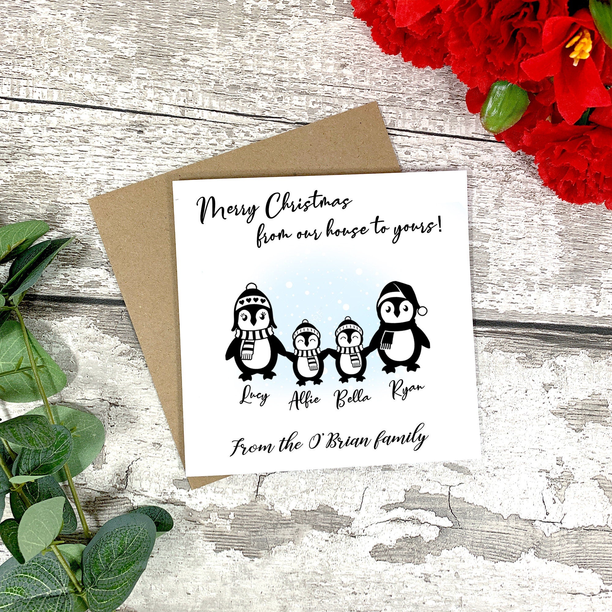 Personalised Christmas From Our House To Yours Card - Christmas Family Card - Christmas House Card - Christmas Card - Penguin Family Card