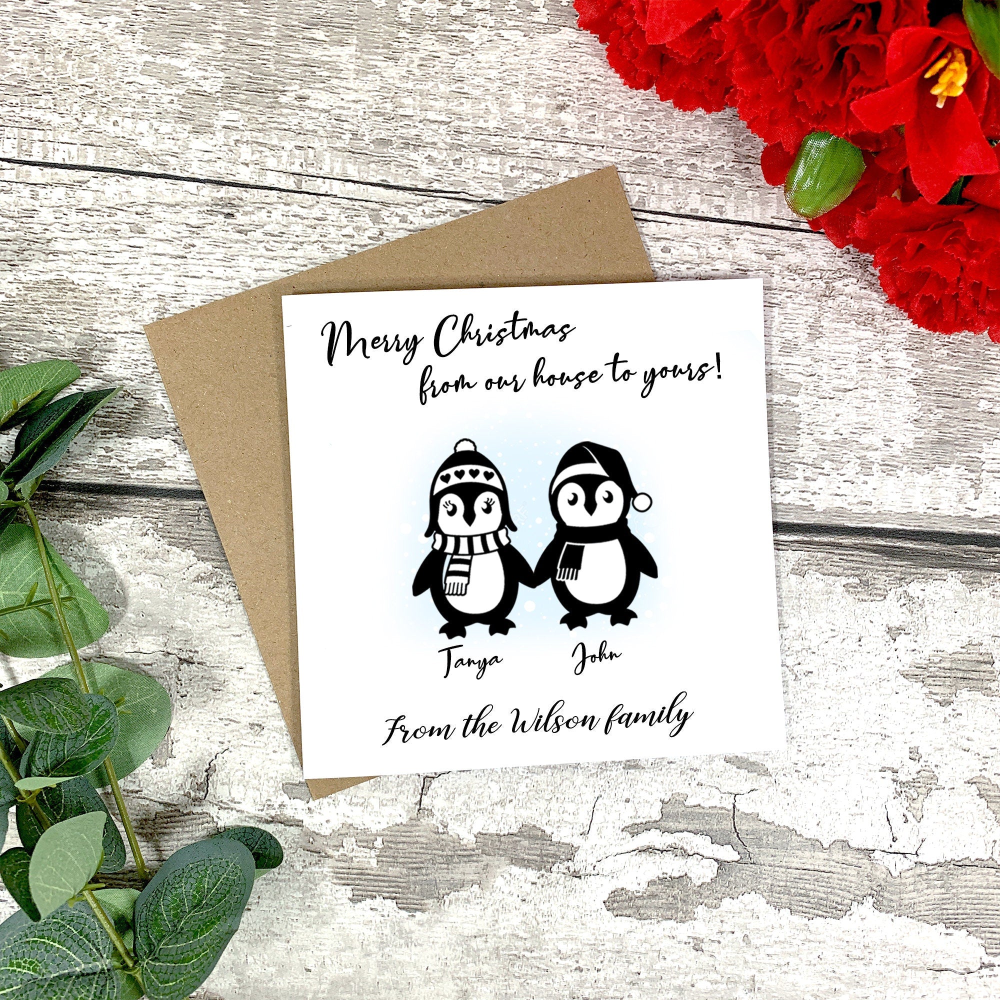 Personalised Christmas From Our House To Yours Card - Christmas Family Card - Christmas House Card - Christmas Card - Penguin Family Card