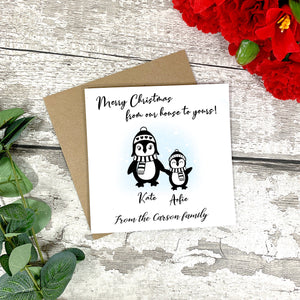 Personalised Christmas From Our House To Yours Card - Christmas Family Card - Christmas House Card - Christmas Card - Penguin Family Card