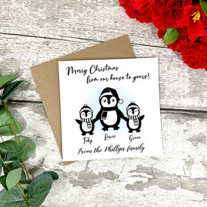 Personalised Christmas From Our House To Yours Card - Christmas Family Card - Christmas House Card - Christmas Card - Penguin Family Card