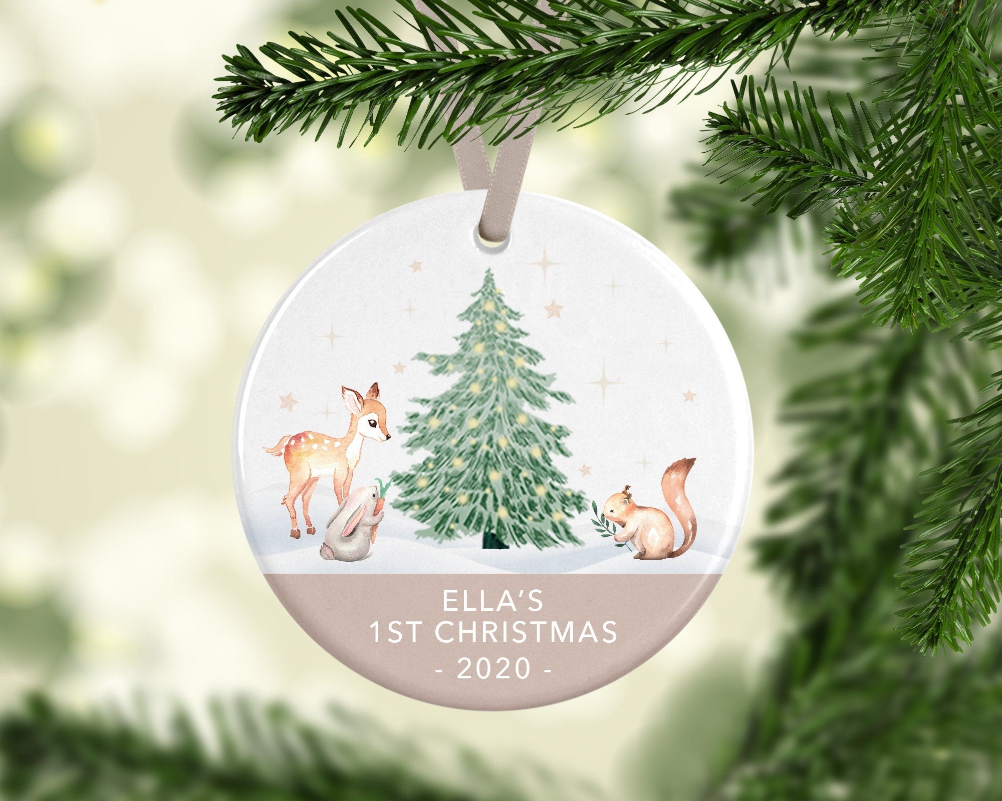 Personalised Baby's First Christmas Ceramic Decoration - Christmas Woodland Bauble - Newborn Christmas Decoration - Woodland Animals