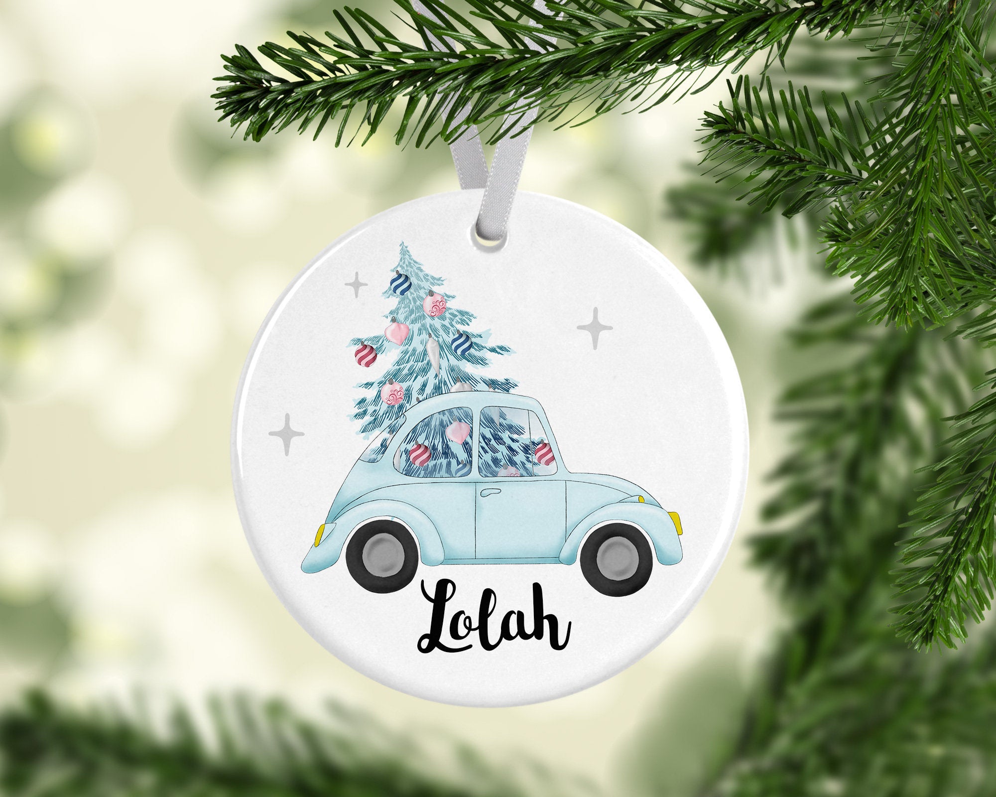 Personalised Ceramic Christmas Blue Car Decoration - Christmas Car Bauble - Pink Christmas Decoration