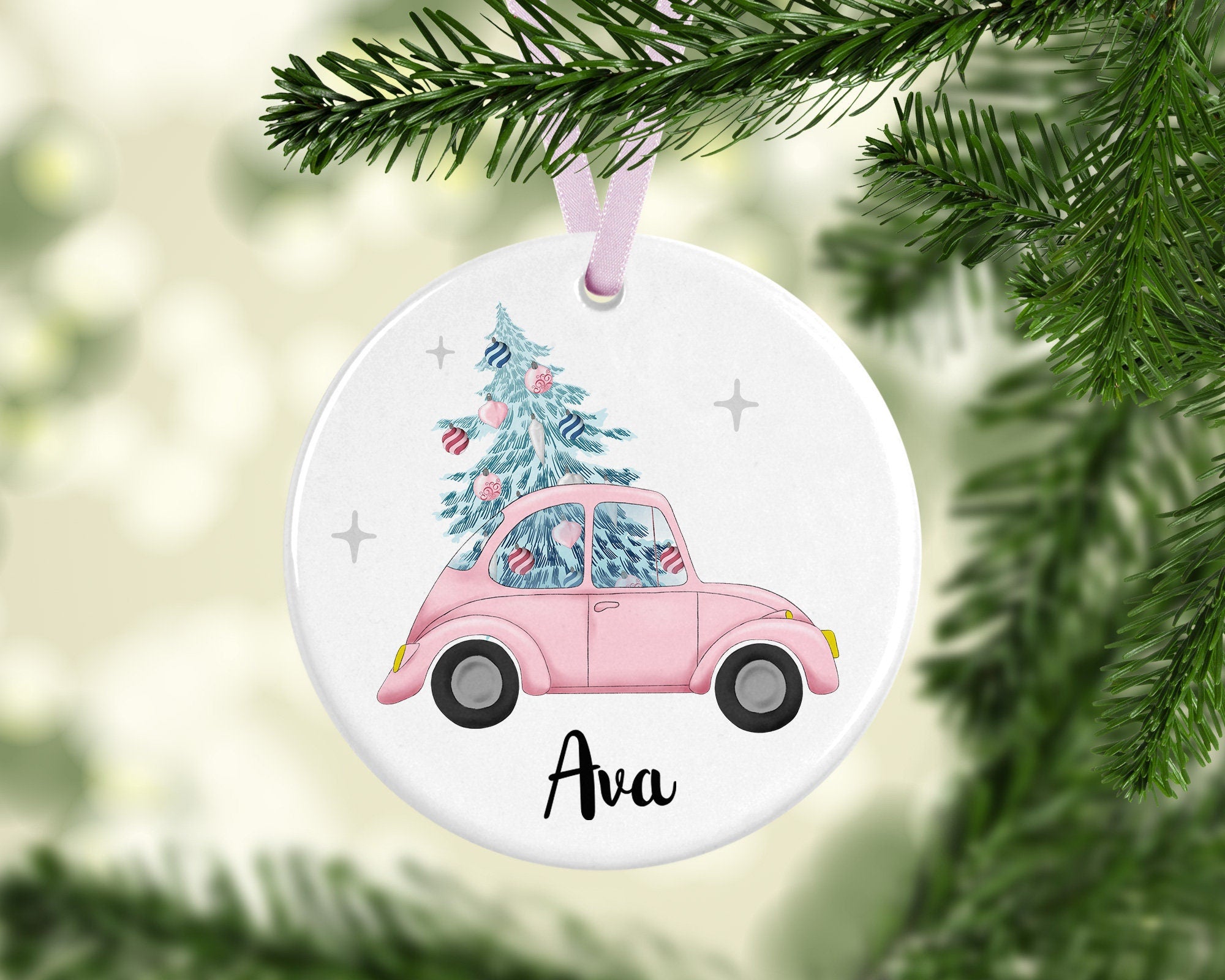 Personalised Ceramic Christmas Decoration - Christmas Car Bauble - Pink Christmas Decoration