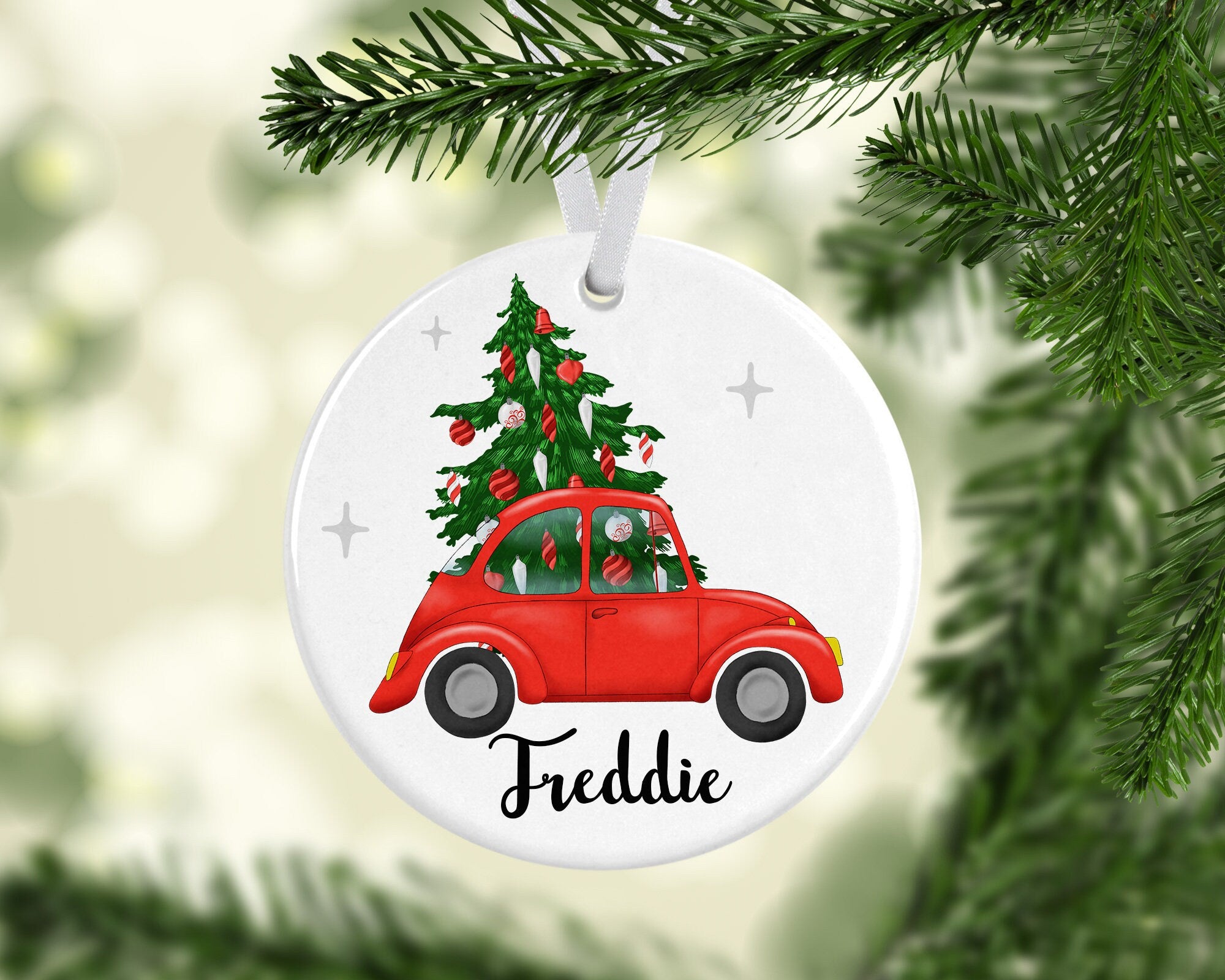 Personalised Ceramic Christmas Red Car Decoration - Christmas Car Bauble - Pink Christmas Decoration