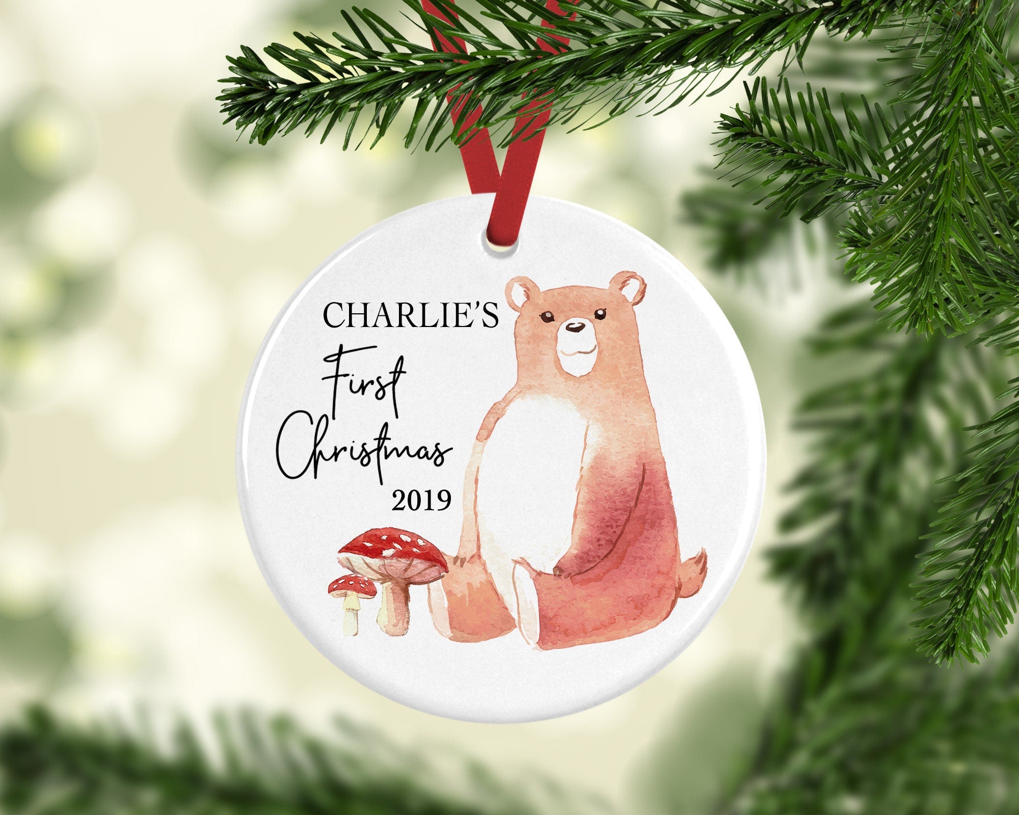 Baby's First Christmas Bear Ceramic Decoration - Christmas Woodland Bauble - Newborn Christmas Decoration - Woodland Animals