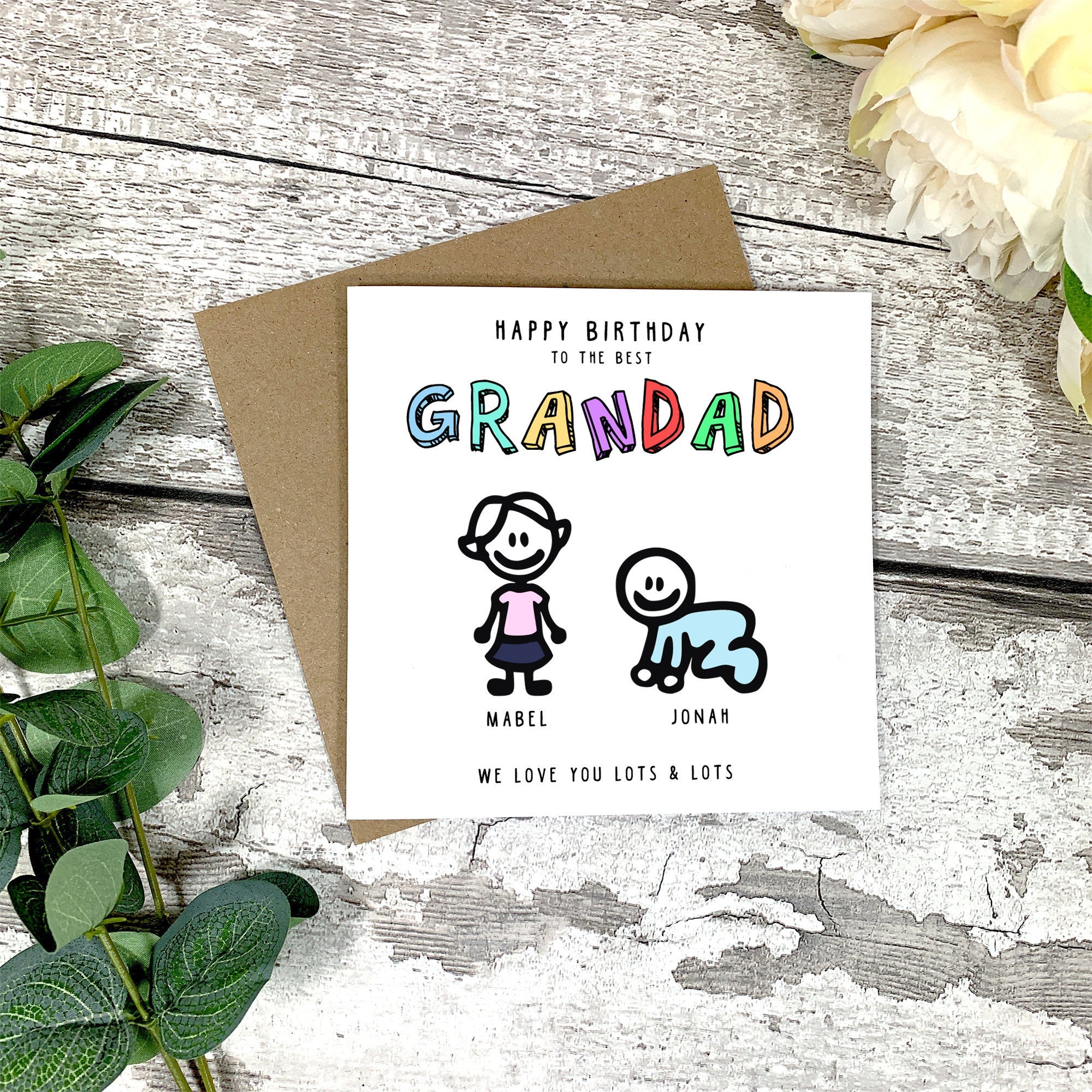 Personalised Grandad Birthday Card - Happy Birthday - Grandad Gift - Stick People Birthday Card - Grandkids Card