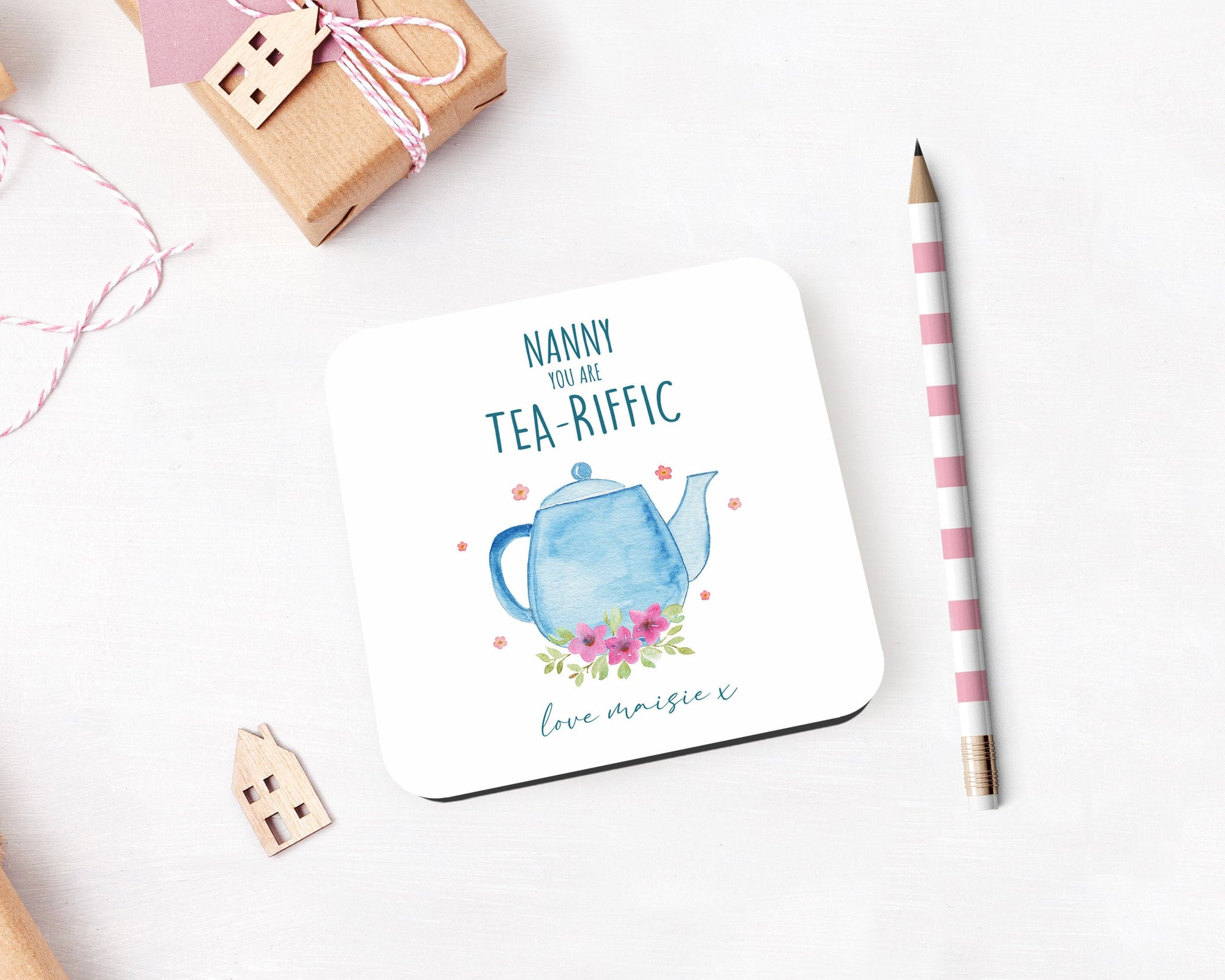 Personalised Nanny Tea-Riffic Coaster - Customised Name Coaster - Drinks Coaster - Personalised - Birthday - Friend Gift - Nanny Gift