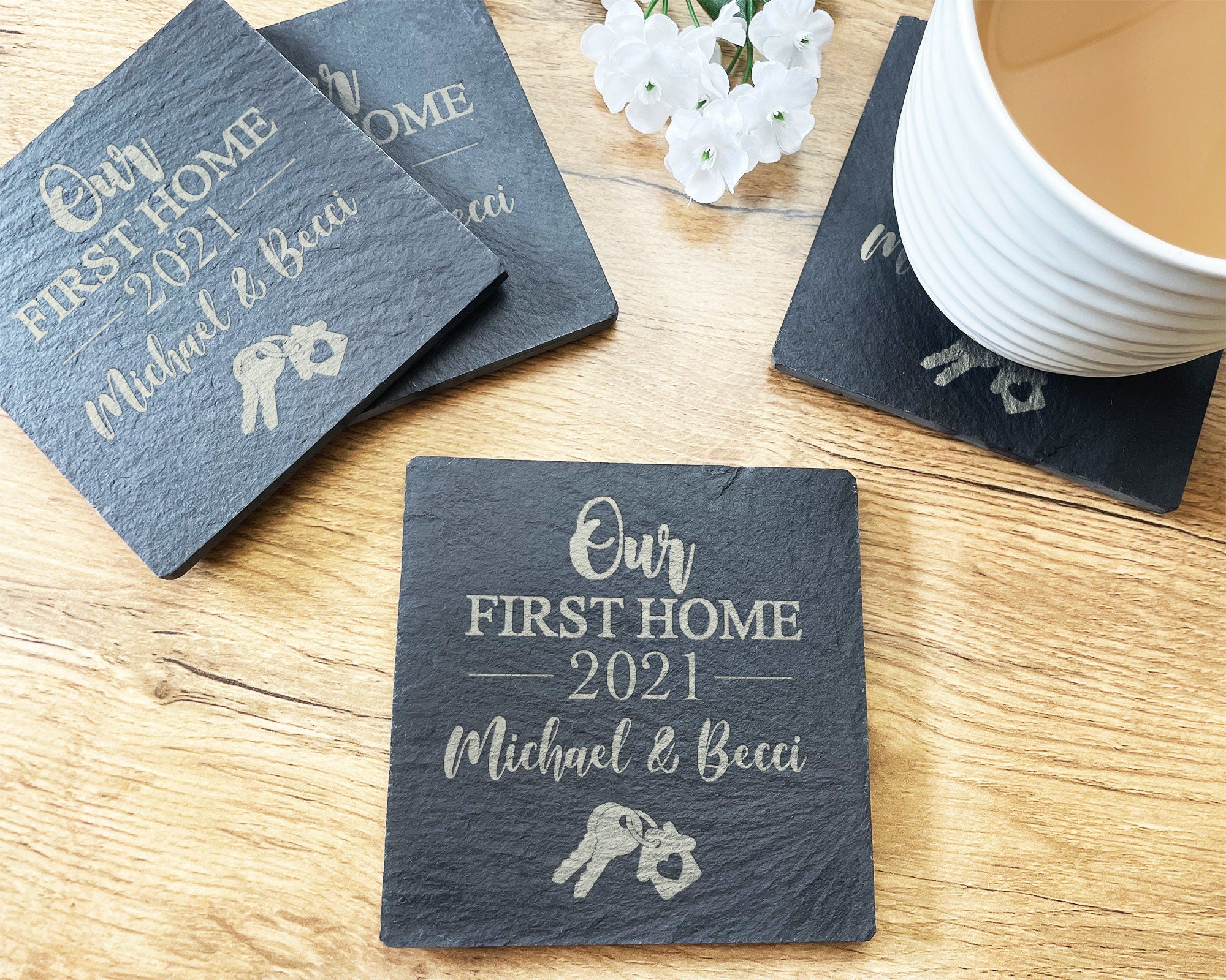 Personalised Our First Home Slate Coasters - New Home Gift Coasters - Moving Gift - First Home - New Home - New Home Coaster