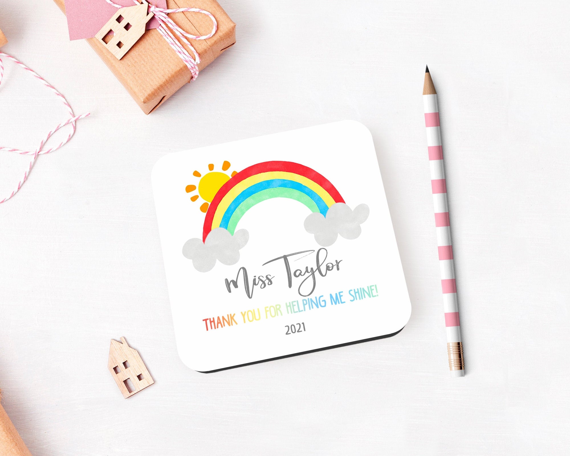 Teacher Rainbow Coaster - Customised Name Coaster - Drinks Coaster - Teacher Gift - End Of Term Gift