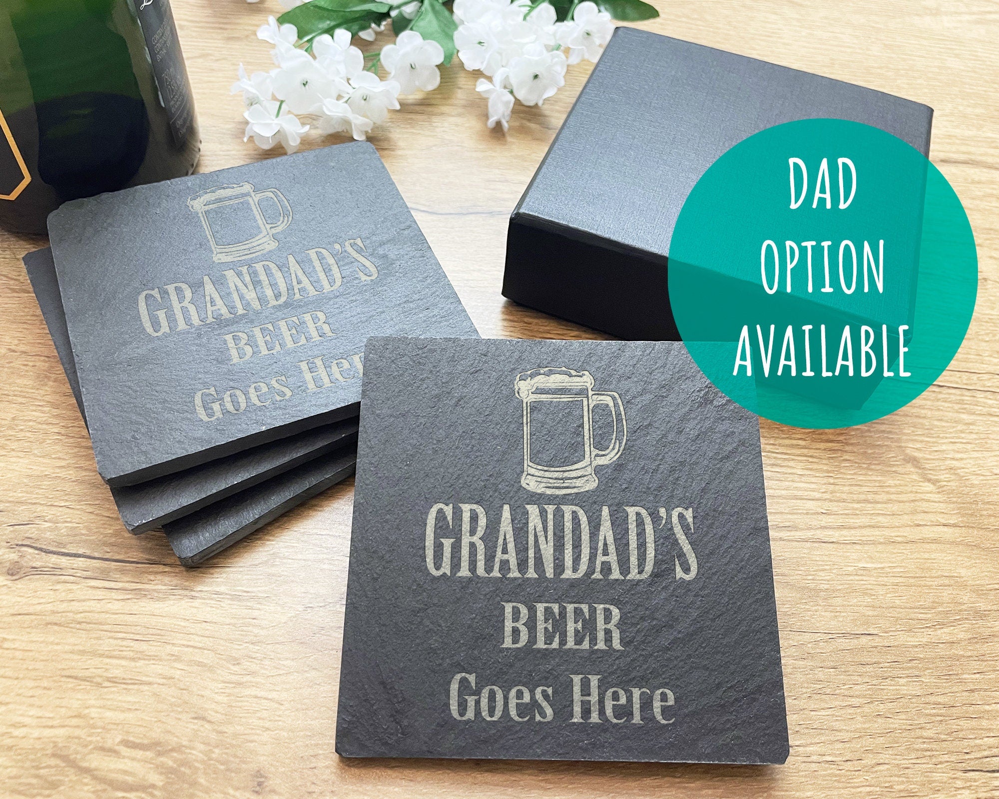 Grandads Beer Goes Here Coaster - Dads Beer Goes Here Coaster - Man Cave Coaster - Bar Coaster - Slate Coaster - Coaster Set