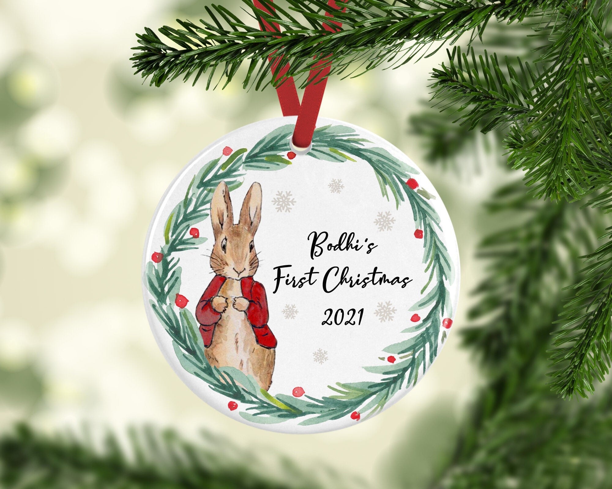 Personalised Baby's First Christmas Bunny Ceramic Decoration - Christmas Woodland Bauble - Newborn Christmas Decoration - Bunny Decoration