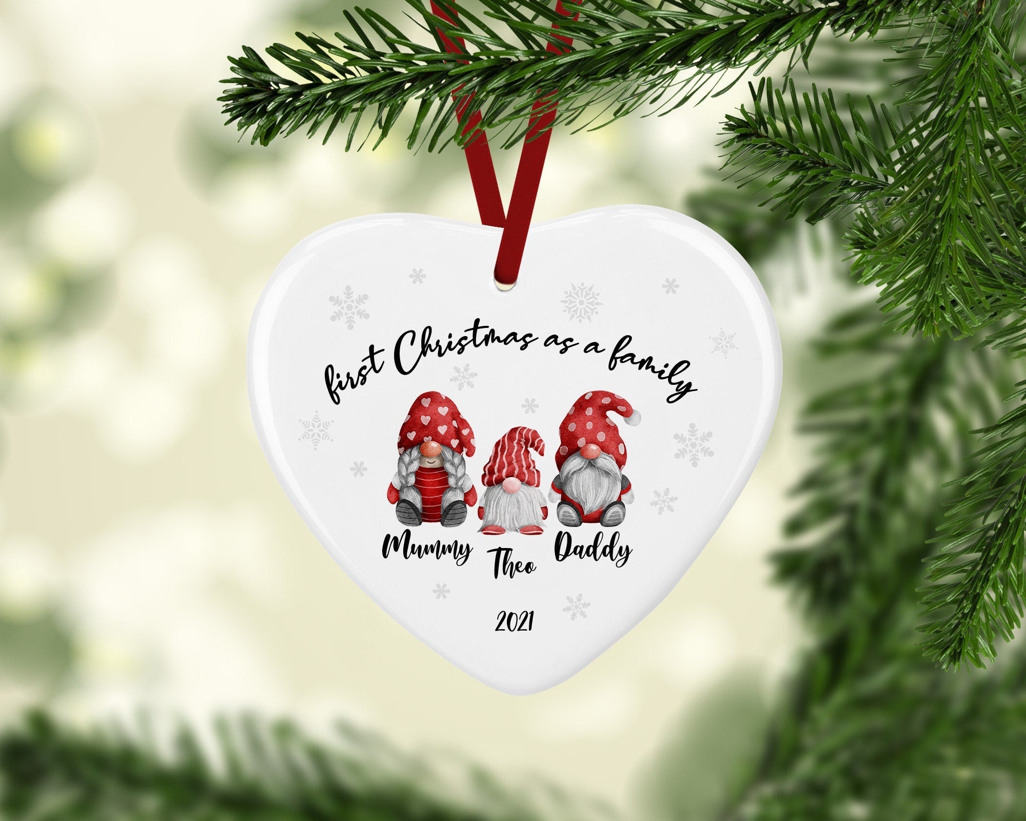 Personalised First Family Christmas Gnomes Ceramic Decoration - New Baby Bauble - Family Christmas Decoration