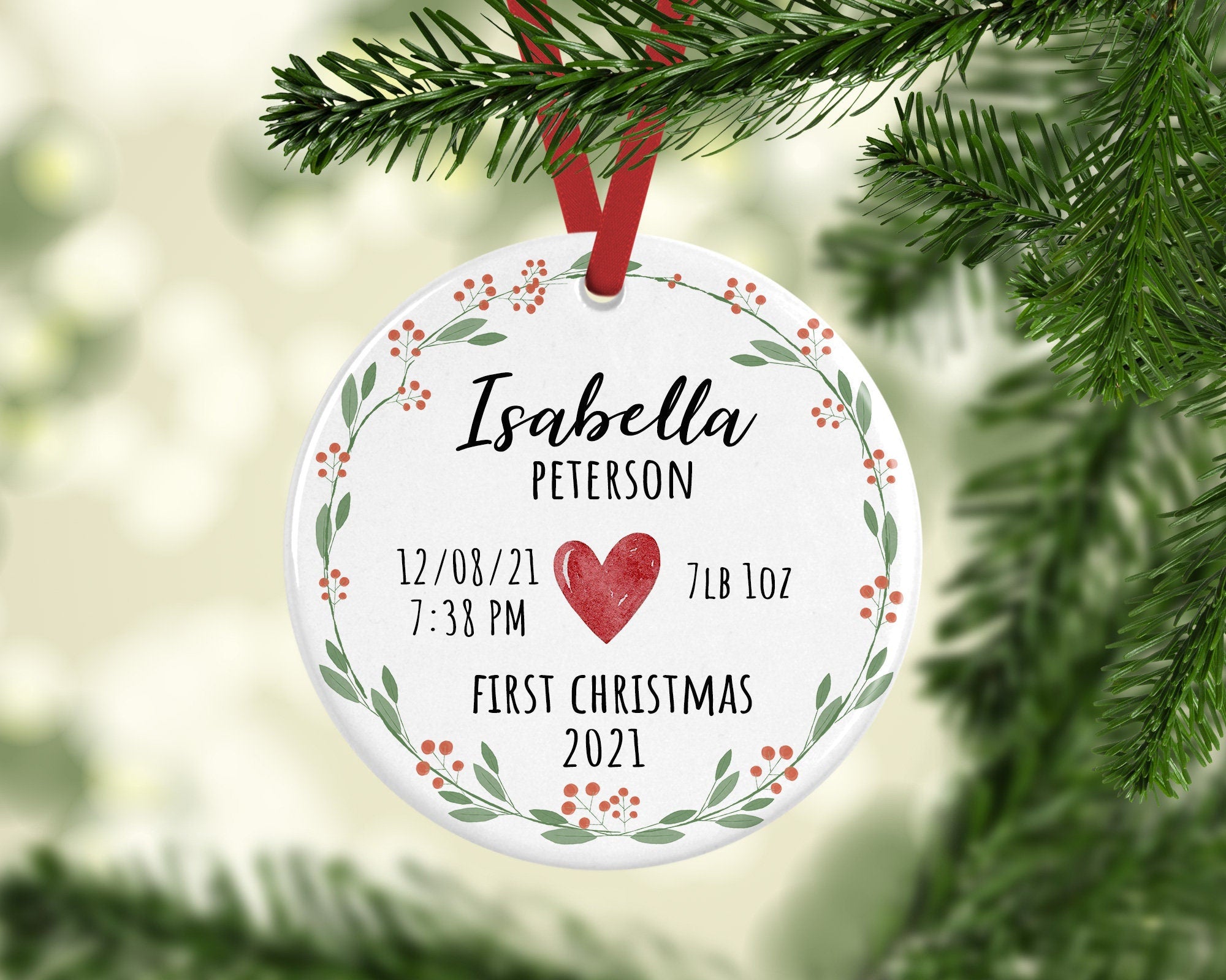 Personalised Baby's First Christmas Stats Ceramic Decoration - Baby 1st Christmas Bauble - Newborn Christmas Decoration