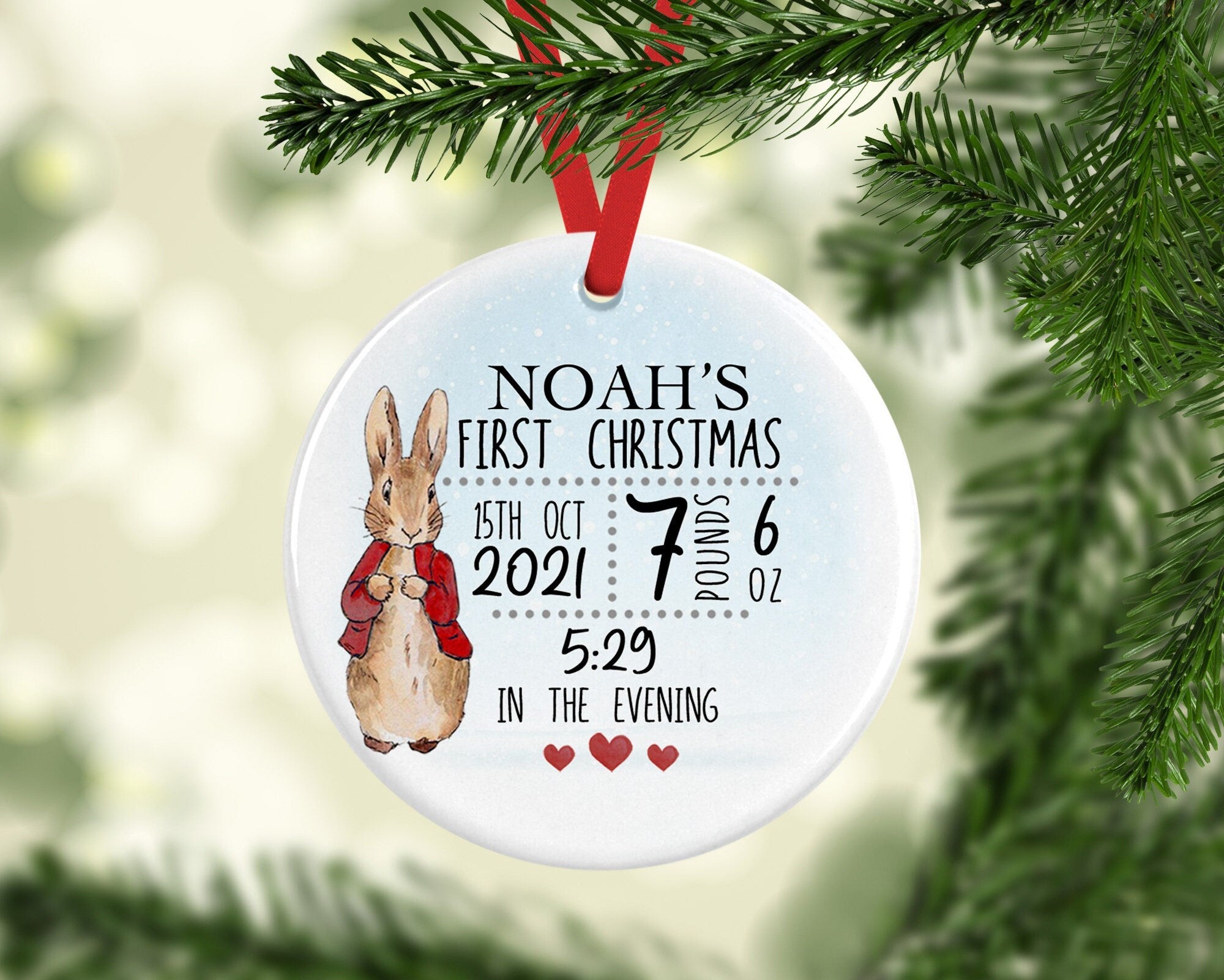 Personalised Baby's First Christmas Bunny Stats Ceramic Decoration - Baby 1st Christmas Bauble - Newborn Christmas Decoration