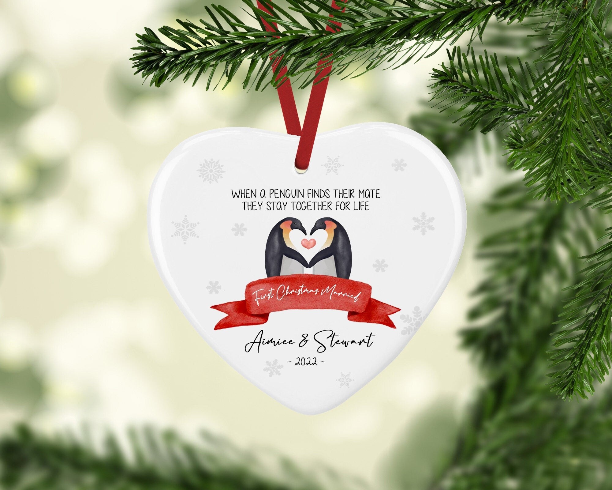 First Christmas Married Ceramic Decoration - Newlywed Penguin Decoration - Wedding Gift - Newly Married - Just Married Bauble