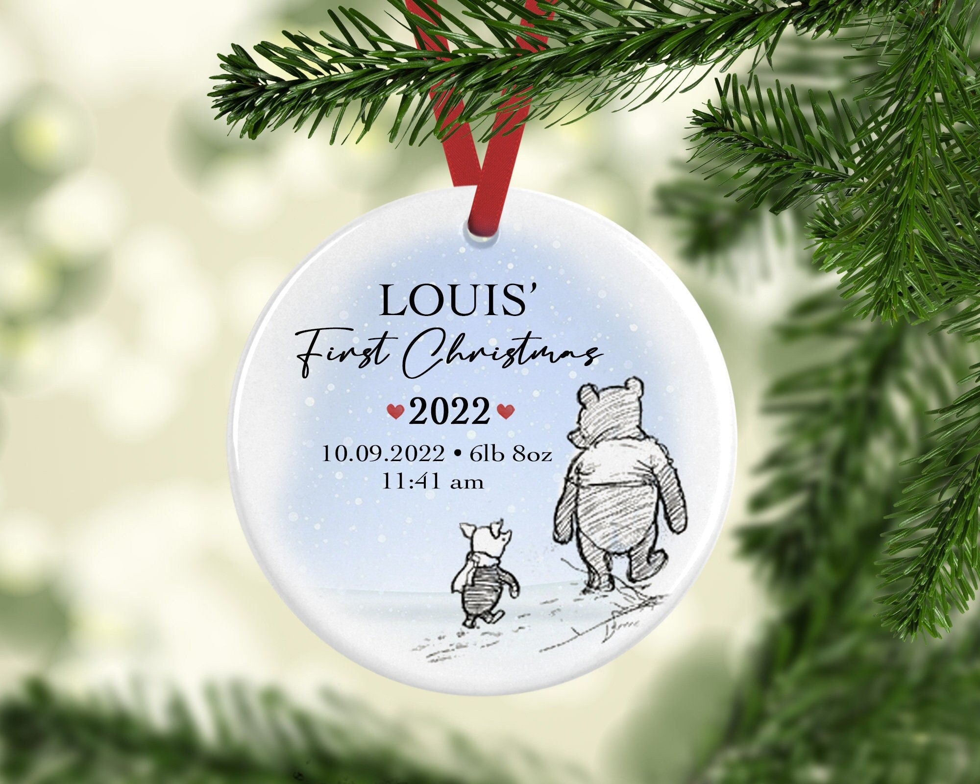 Personalised Baby's First Christmas Bear Stats Ceramic Decoration - Baby 1st Christmas Bauble - Newborn Christmas Decoration