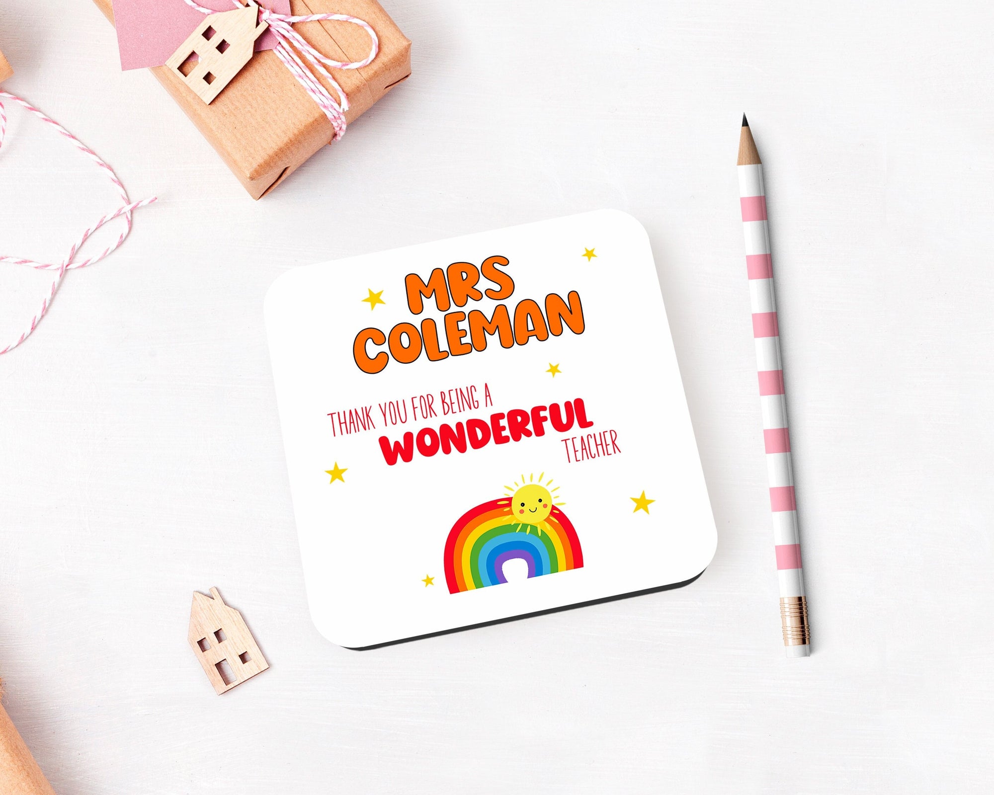 Teacher Rainbow Personalised Coaster - Customised Name Coaster - Teacher Gift - End Of Term Gift