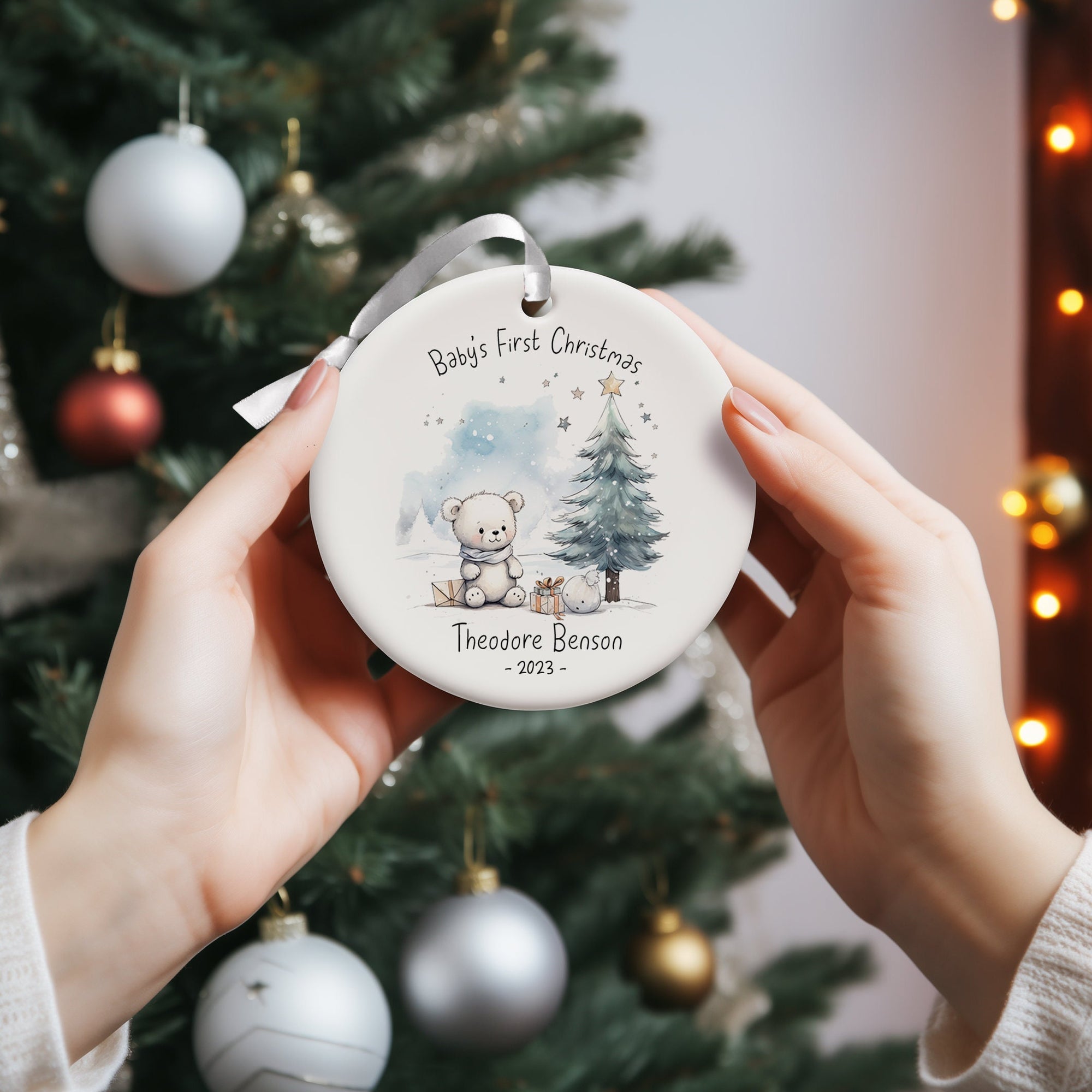 Personalised Baby's First Christmas Bear Ceramic Decoration - Baby 1st Christmas Bauble - Newborn Christmas Decoration