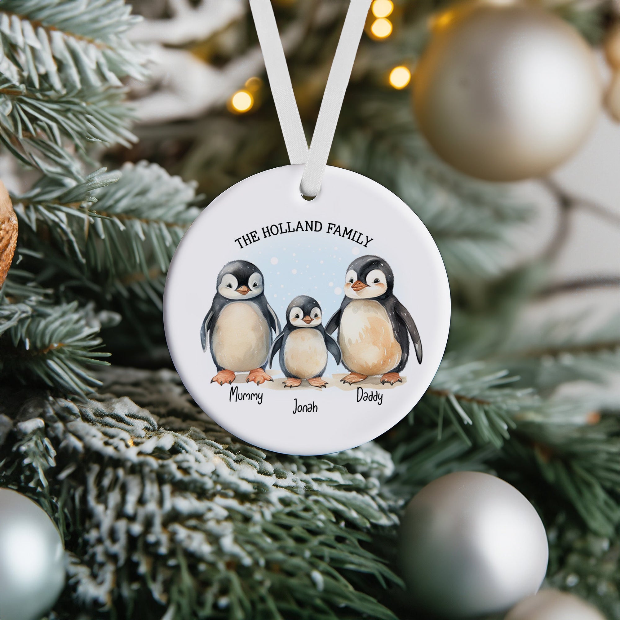 Penguin Family Ceramic Christmas Decoration - Personalised Gift - Ceramic Gift - New Baby Bauble