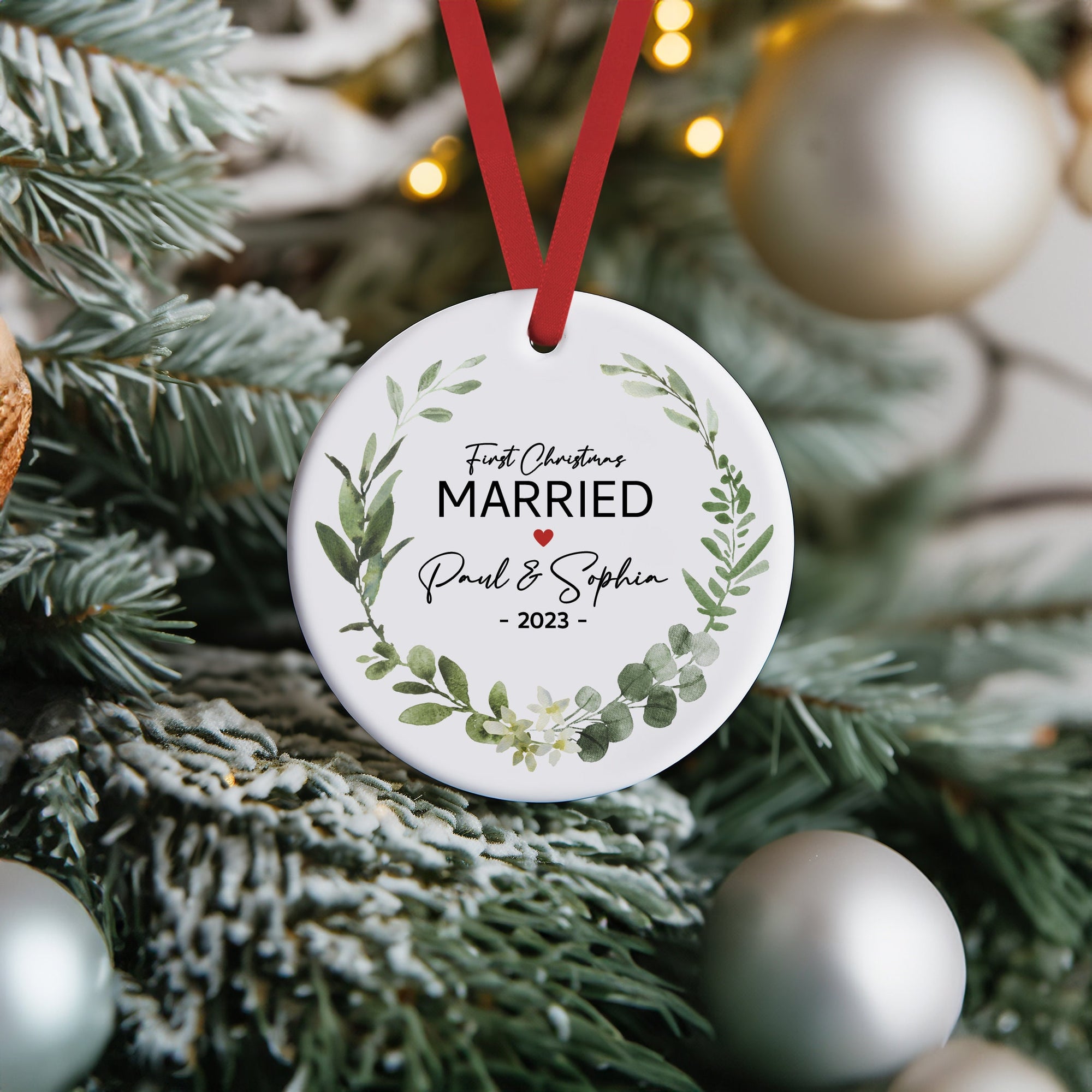 Newlywed Ceramic Christmas Wreath Decoration - Wedding Gift - Newly Married - Just Married Bauble - CD101