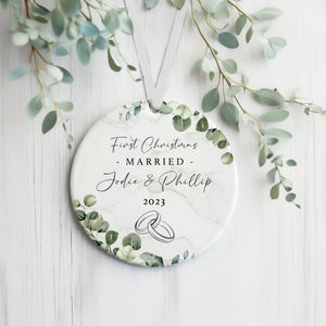 Newlywed Ceramic Christmas Wreath Decoration - Wedding Gift - Newly Married - Just Married Bauble