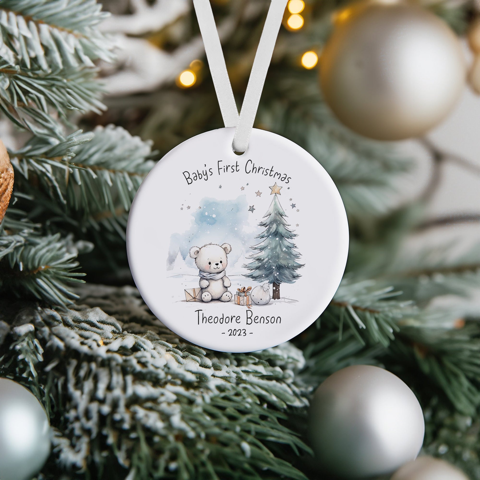 Personalised Baby's First Christmas Bear Ceramic Decoration - Baby 1st Christmas Bauble - Newborn Christmas Decoration