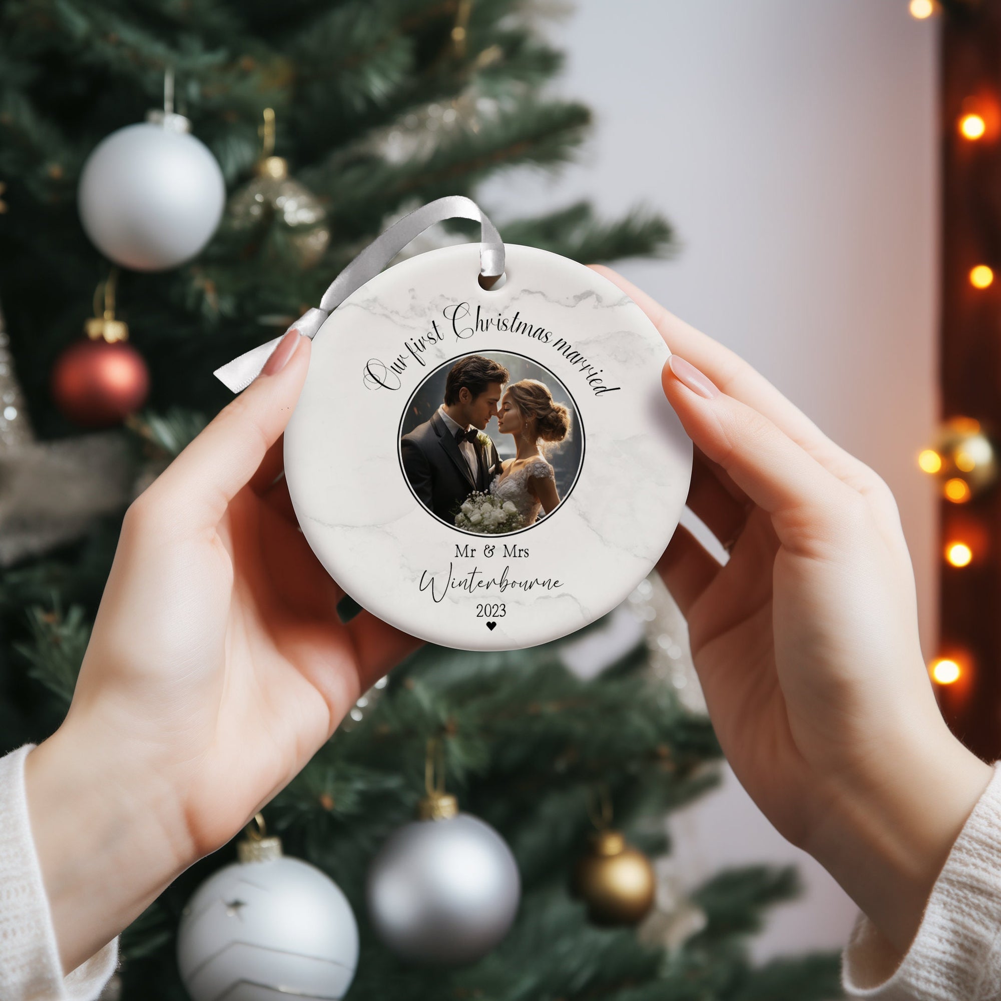 Newlywed Photo Ceramic Christmas Wreath Decoration - Wedding Gift - Newly Married - Just Married Bauble