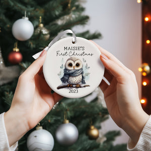 Baby's First Christmas Owl Ceramic Decoration - Christmas Woodland Bauble - Newborn Christmas Decoration - Woodland Animals