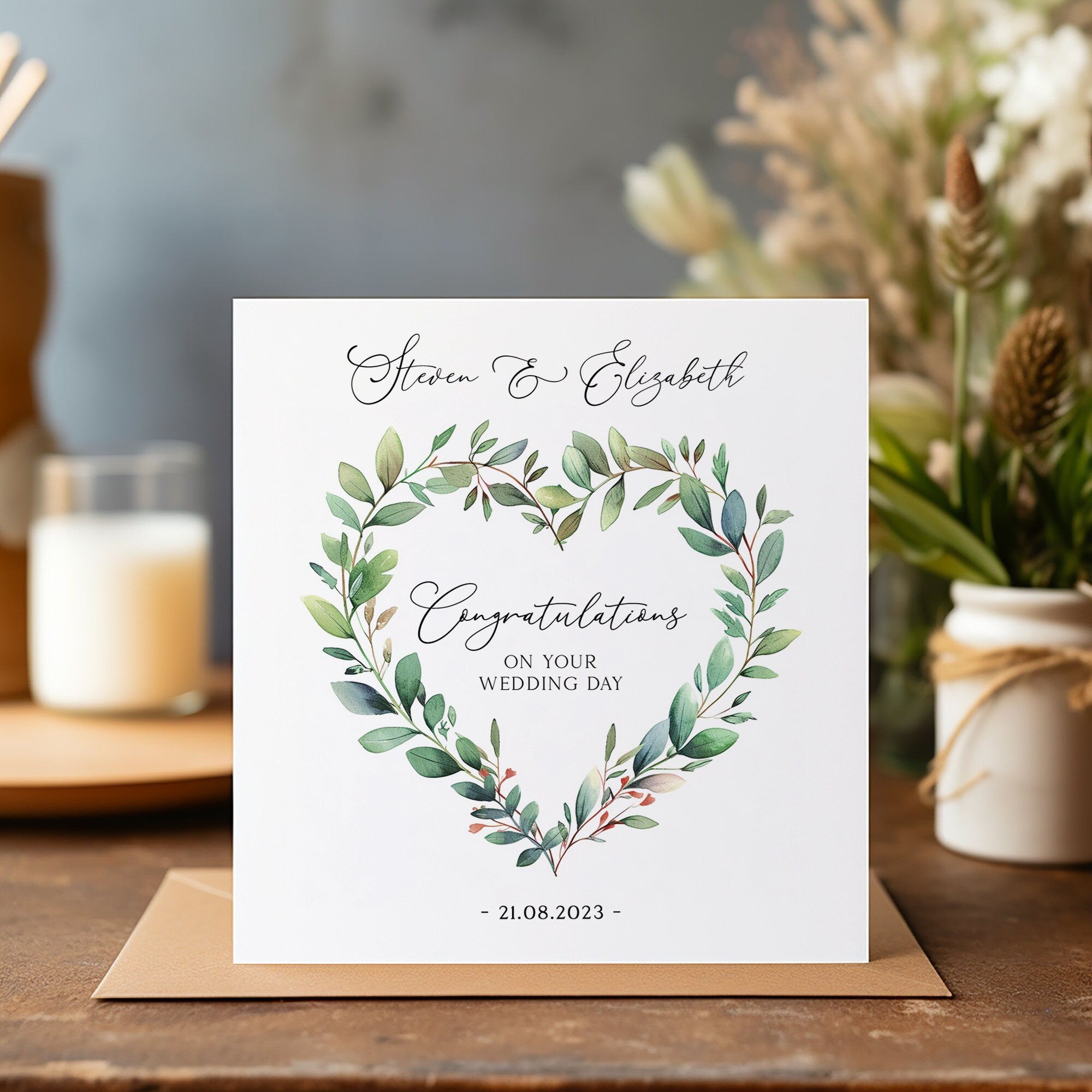 Personalised Wedding Card - Wedding Day Card - Wedding Card - Mr & Mrs Card - Newlyweds Bride and Groom - Greenery Heart Wreath - Newlyweds