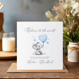 Personalised New Baby Card - Welcome to the World - Baby Boy Card - Keepsake - New Born - Expecting Card - Cute Elephant Card - Birthday