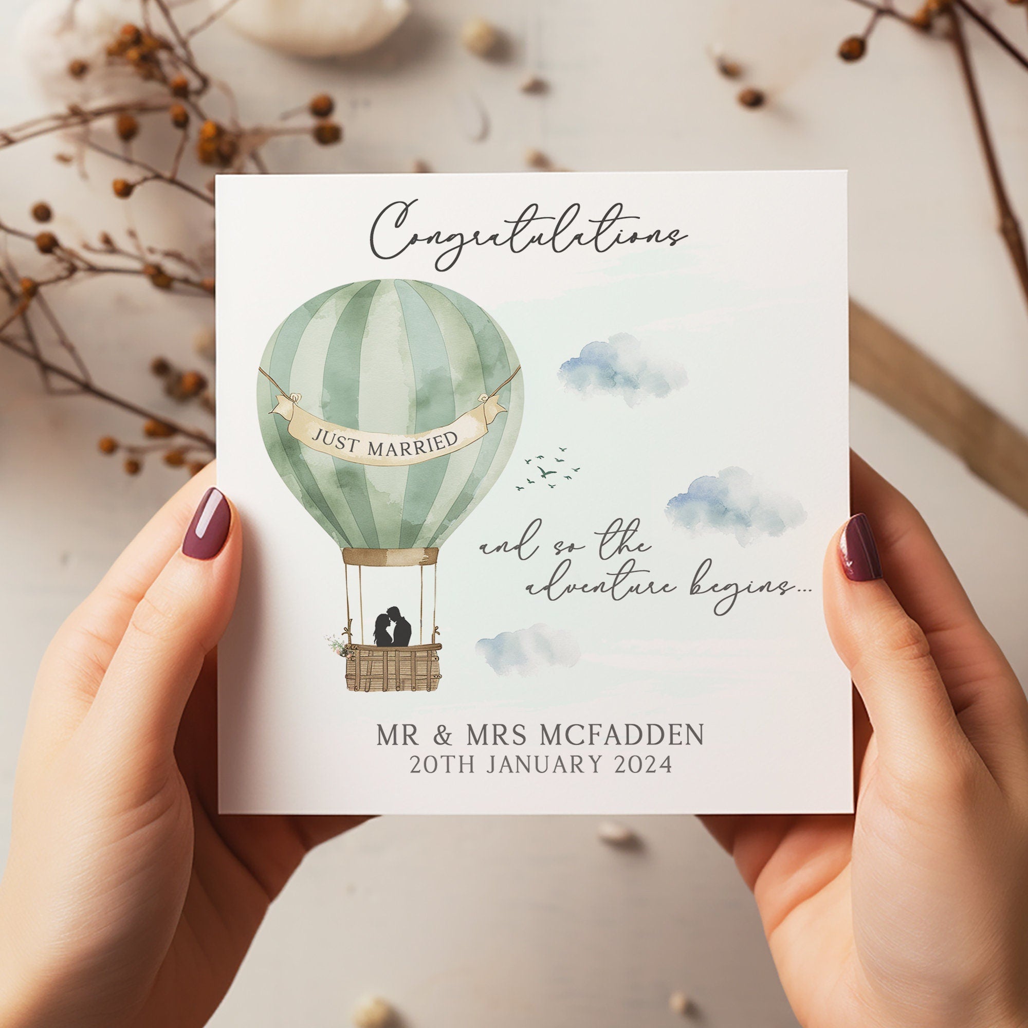 Personalised Just Married Hot Air Balloon Card - Wedding Day Card - Wedding Card