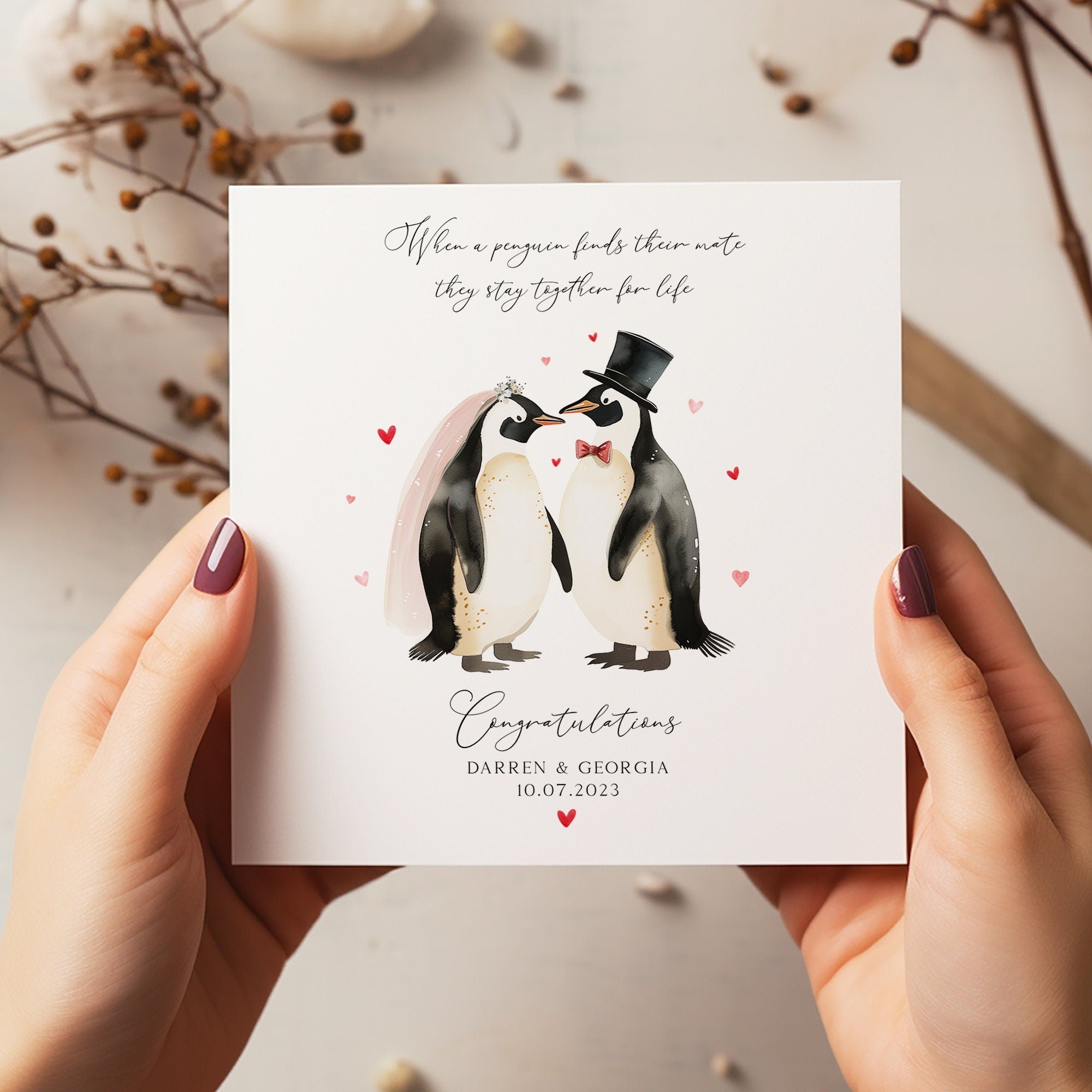 Personalised Wedding Penguin Card - Wedding Day Card - Wedding Card - Mr & Mrs Card - Newlyweds Bride and Groom - Newlyweds - C129