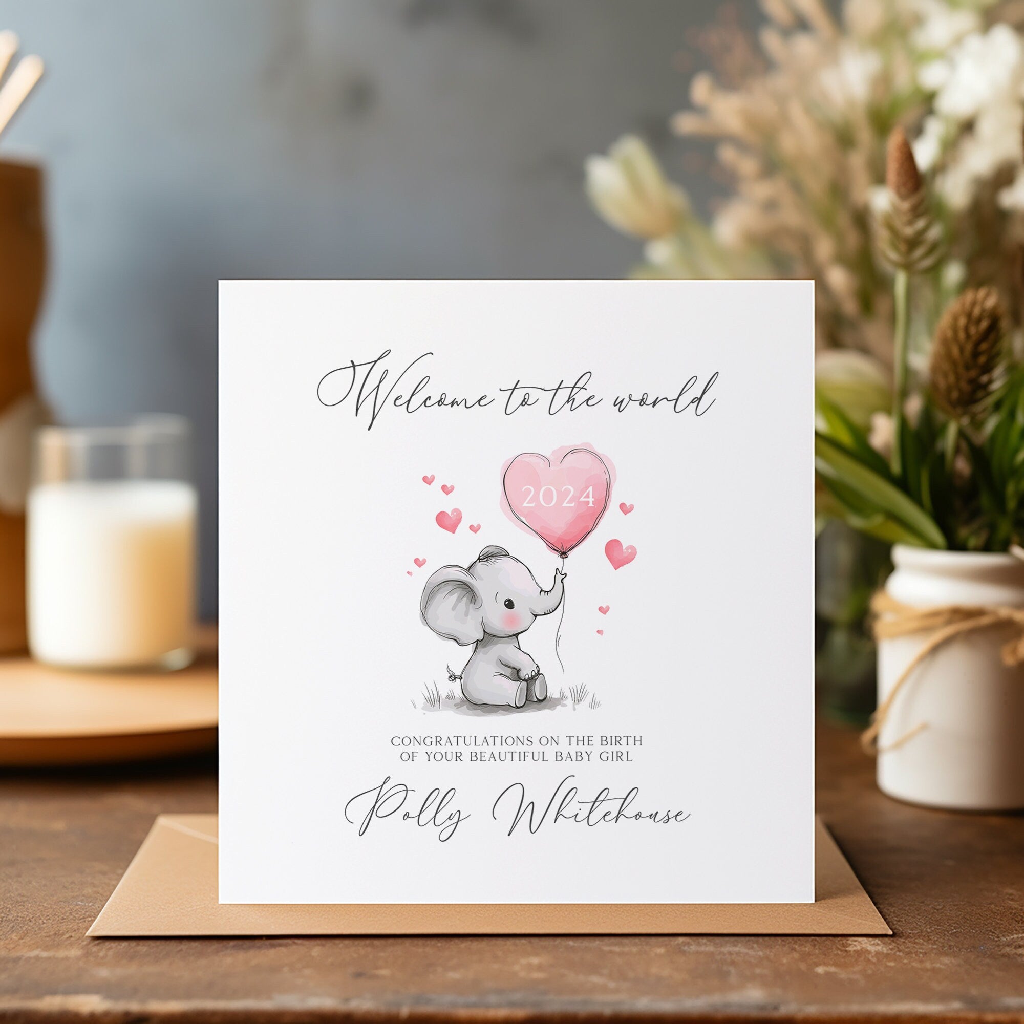 New Baby Elephant Card - Welcome to the World - Baby Girl Card - Keepsake - New Born