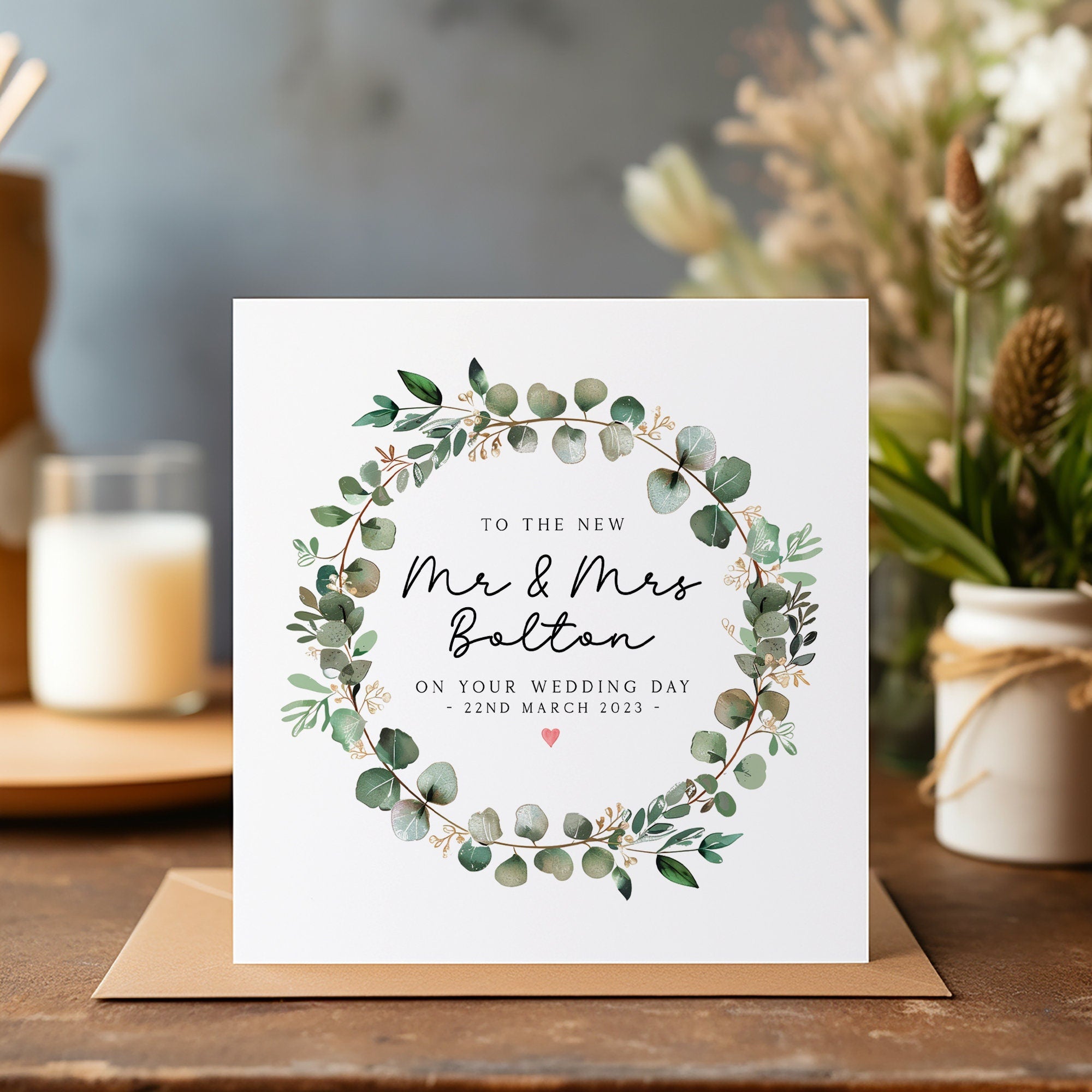 Personalised Wedding Card - Wedding Day Card - Wedding Card - Mr & Mrs Card - Newlyweds Bride and Groom - Greenery Heart Wreath - C1171