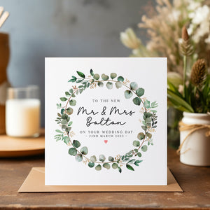 Personalised Wedding Card - Wedding Day Card - Wedding Card - Mr & Mrs Card - Newlyweds Bride and Groom - Greenery Heart Wreath - C1171