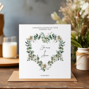 Personalised Wedding Card - Wedding Day Card - Wedding Card - Mr & Mrs Card - Newlyweds Bride and Groom - Greenery Heart Wreath - C1157